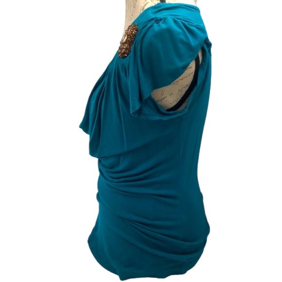 6 Degrees Teal Tunic w/ Beaded Flower Size L - Picture 2 of 4